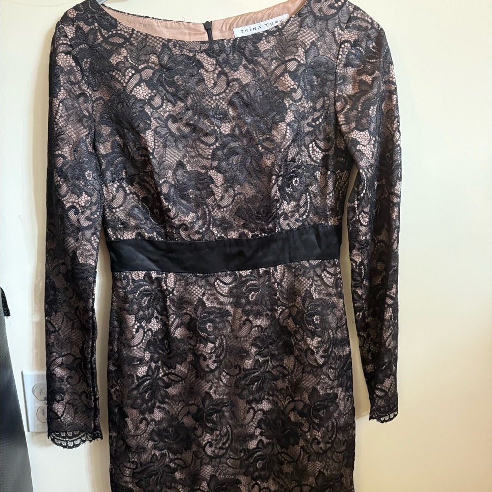 Trina Turk Black and Tan Sheath Dress with Bateau Neckline
